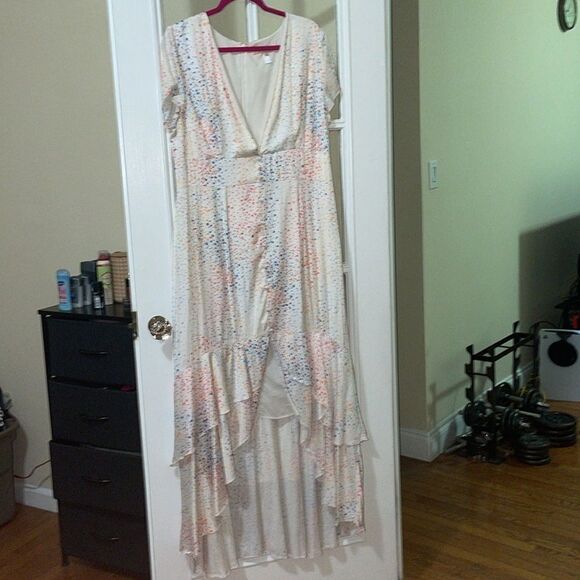 Anthropologie Hutch rainbow heart high lo maxi satin front button v neck dress - Picture 3 of 13